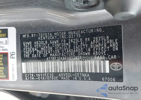 2015 Toyota Camry Le from USA, damaged, VIN 4T1BF1FK8FU923877